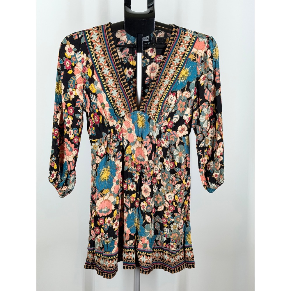Angie Floral V-Neck Empire Waist Mini Dress Black Boho Rayon Gauze Medium